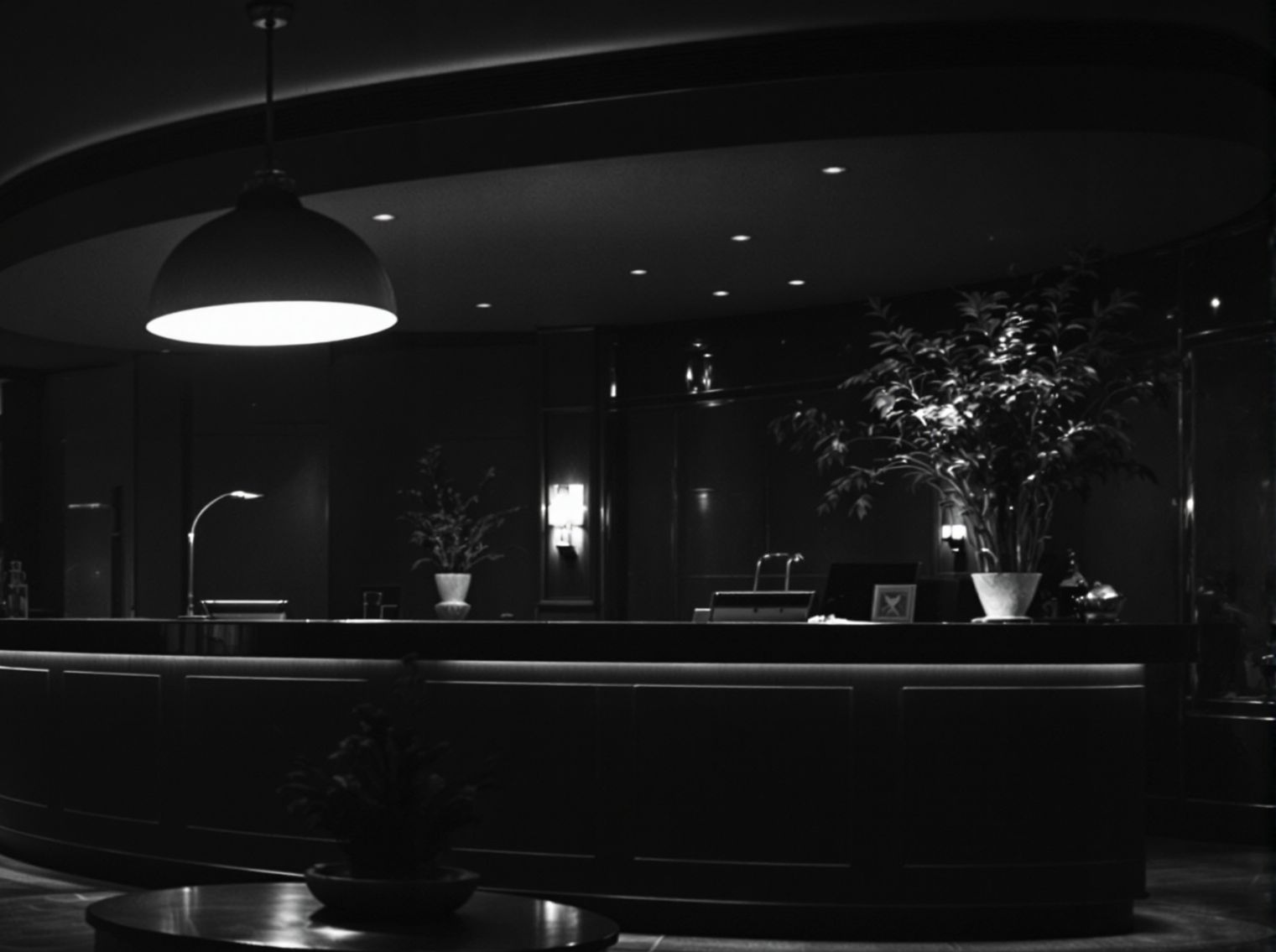 Dimly lit hotel reception at dusk, a ceiling lamp lit above the curved wooden
        counter.